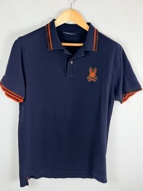 Psycho Bunny Navy Polo Shirt Orange Trim Skull Logo Short Sleeve Medium Preppy